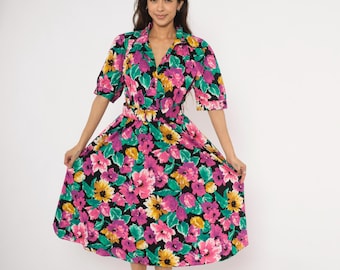 Vestido camisero floral de los 90 con cinturón, rosa, magenta, verde azulado, dorado, negro, con cuello con muesca, manga corta, ideal para fiestas en el jardín, verano, estilo vintage, talla XL