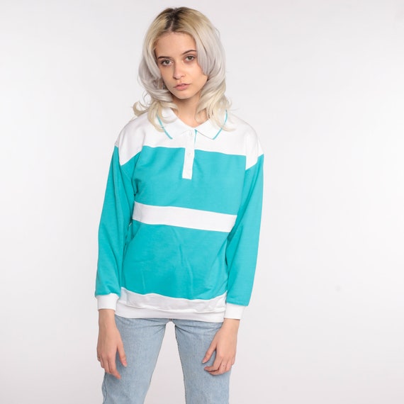 Polo Sweatshirt Turquoise Blue Striped Sweatshirt… - image 2