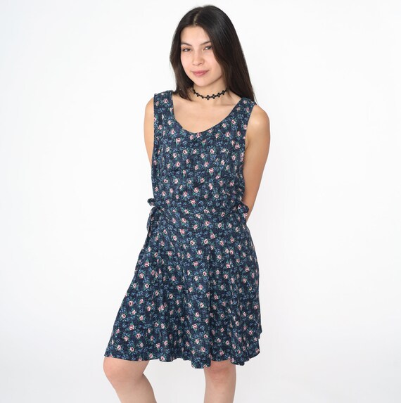 Navy Floral Dress 90s Mini Dress Retro Sleeveless Shift Side Tie Minidress Flower Casual Rayon Summer Scoop Neck Vintage 1990s Large 12