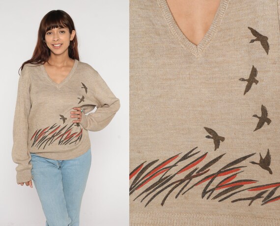 Wild Duck Sweater 70s Tan Knit Pullover V Neck Sweater Retro Bird Nature Graphic Novelty Jumper Vintage 1970s Acrylic Mens Extra Large xl