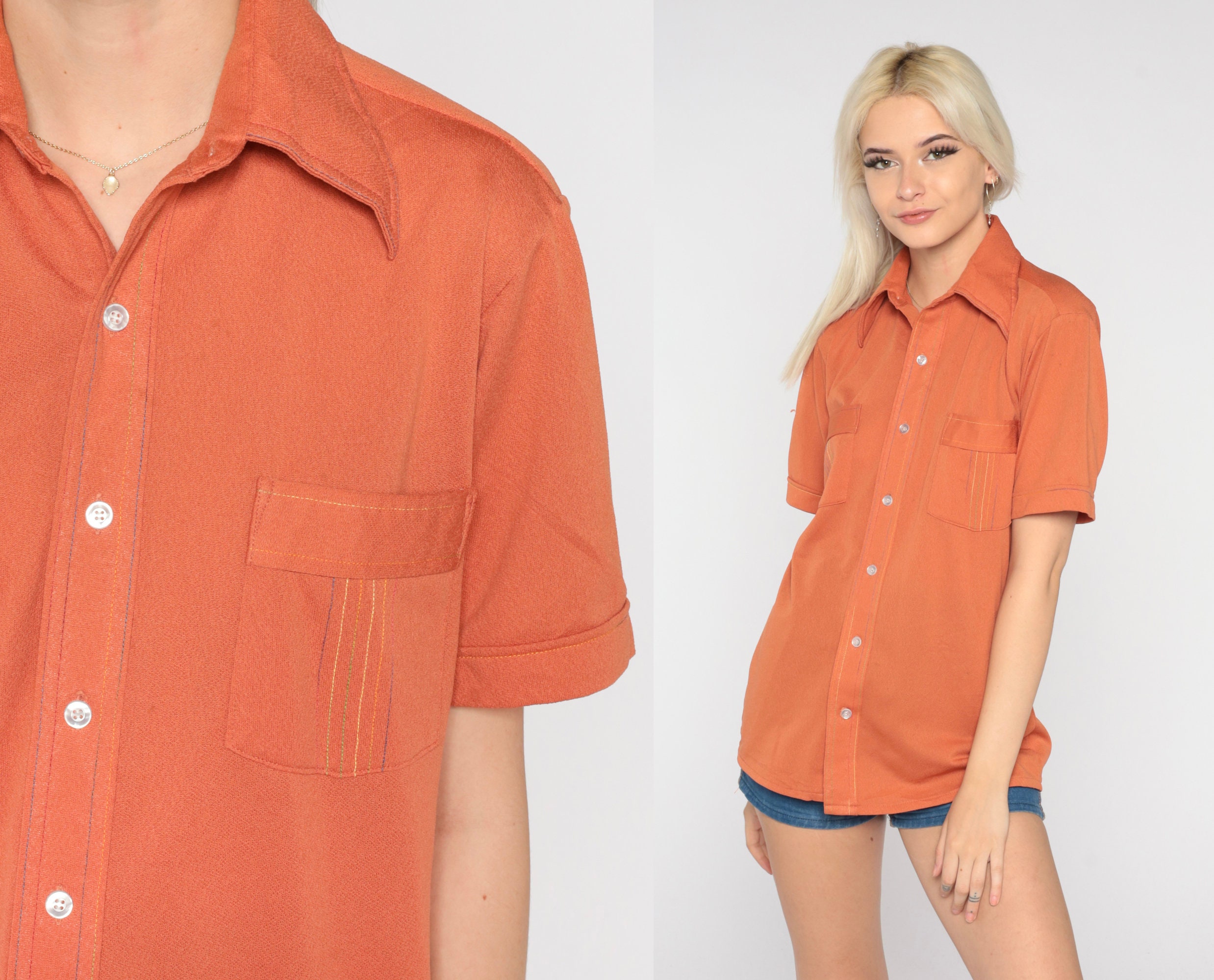 burnt orange button up shirt women's