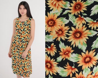 Sunflower Dress 90s Black Floral Tank Dress Knee Length Midi Dress Sleeveless Summer Sundress Flower Print Day Vintage 1990s Extra Small xs