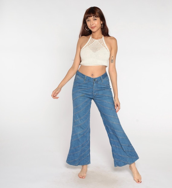 70s Chevron Bell Bottoms Jeans Blue Denim Flare Pants Diagonal Seam Stitch Detail Cotton High Waist Hippie Disco Vintage Bohemian Large L