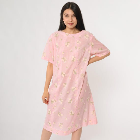 Pink Daisy Dress 70s Floral Print Midi Length Loose Fit Pullover Style Pastel Cottagecore House Summer Semi Sheer Dress Fashion Large L