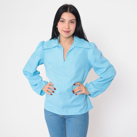 Blue Paisley Floral Shirt 70s Embossed Blouse Puff Sleeve Top Collared V Neck Retro Boho Peasant Long Sleeve Poet Plain Vintage 1970s Medium