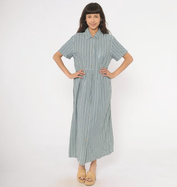 90s Plaid Shirtdress Blue White Check Cotton Maxi Button Front Collar Short Sleeve Prairie Gingham Summer Ankle Length Dress Vintage Medium