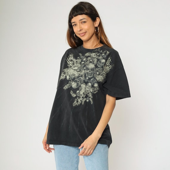 Y2K Winged Skull T-shirt XL Black Graphic Biker Shirt Short Sleeve Streetwear Skeleton With Wings Tee Vintage Alstyle Extra Large