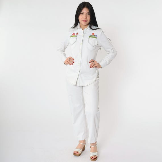 70s Two Piece Outfit Mushroom Embroidered White Matching Set Pants Top Floral Long Sleeve Button up Hippie Jumpsuit Vintage 1970s Small