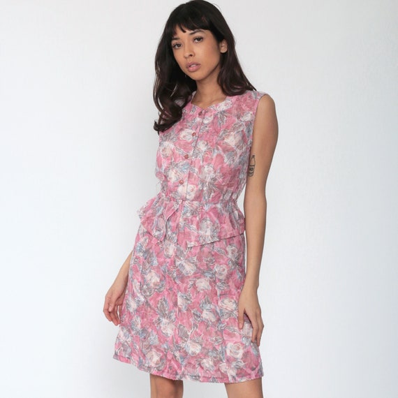 Pink Floral Dress 70s Mini Peplum Dress Secretary… - image 5