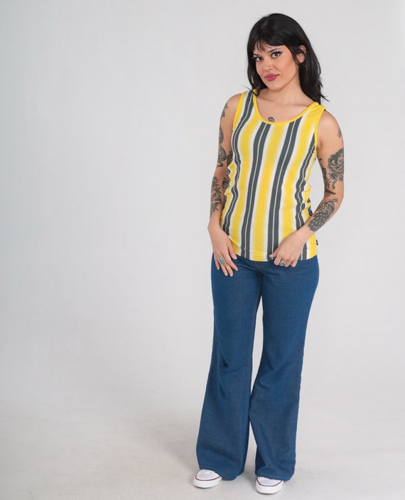 Striped Tank Top 70s Yellow Shirt Retro White Black Vertical Stripes Sleeveless Tee Streetwear Sporty Seventies Vintage 1970s Small xs