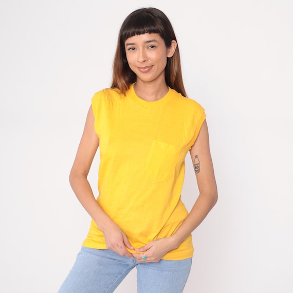 Yellow Muscle Tee 80s Tank Top Tunic Long Pocket Golden Bright Summer Casual Vintage Athletic Sporty Gorpcore Normcore Loose Fit Large L