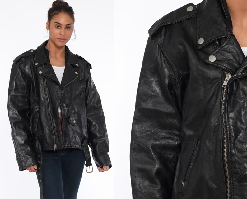 80s Leather Biker Jacket Black Motorcycle Vintage Moto Punk Rock 1980s Oversized Belted Epaulette Um Large