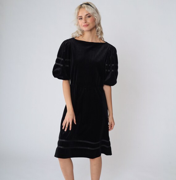 Black Velvet Dress 80s Party Dress Puff Sleeve Midi Dress High Waisted Formal Evening Cocktail Ribbon Trim Vintage 1980s Goth Prom Small