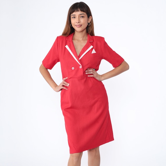 80s Dress Red Wrap Midi Dress Double Breasted Button up Secretary Collared High Waist Short Sleeve Shirtwaist Vintage 1980s White Medium 10P