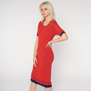 70s Knit Dress Red Semi Sheer Midi Sweater Dress Boho Short Sleeve Textured Sheath Pencil Bohemian Vintage 1970s Extra Small Medium XS S M