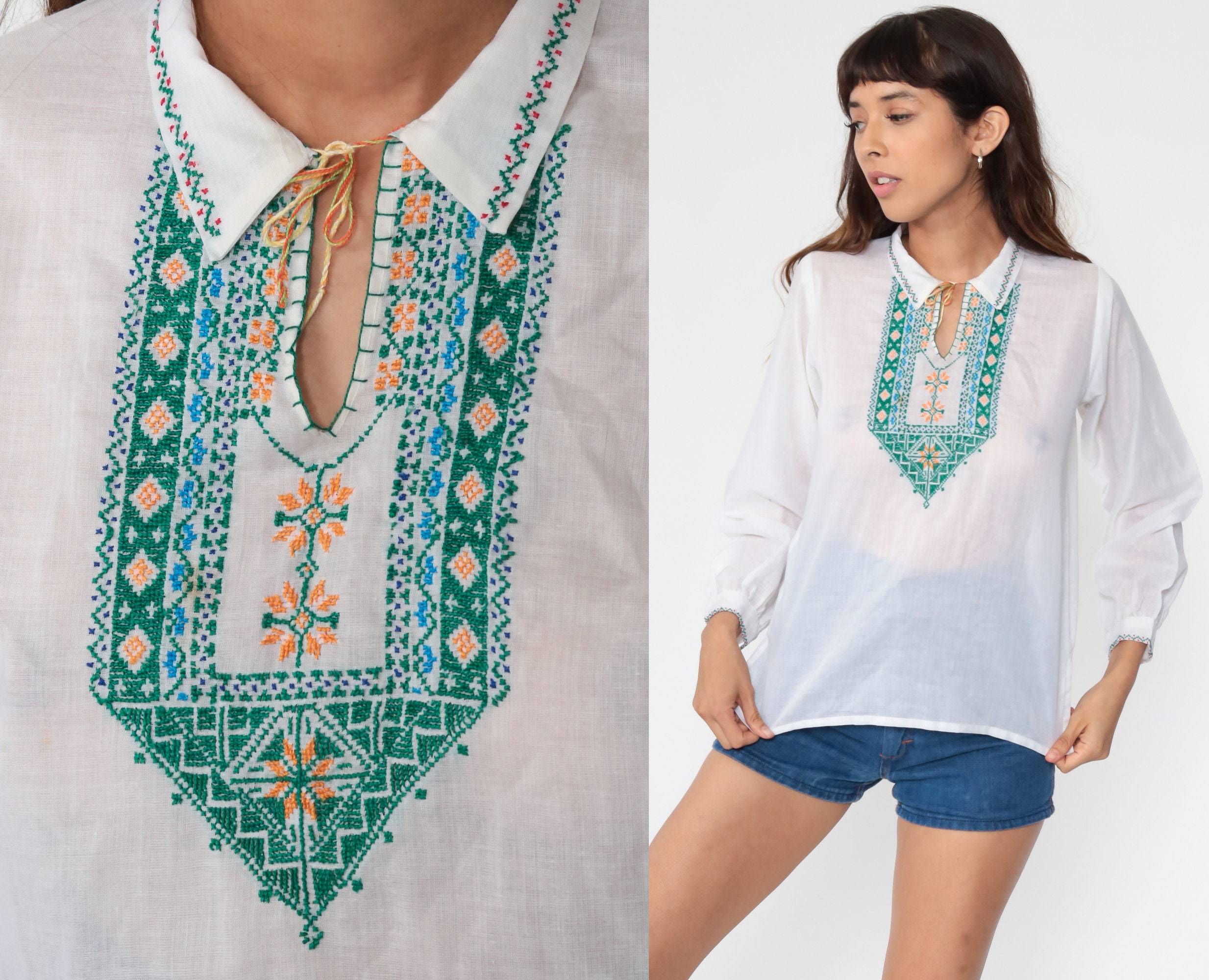 Boho Top Festival Blouse 70s Hippie Shirt Boho Cotton Gauze Bohemian 1970s Long Sleeve Medium Sheer White Tunic Top
