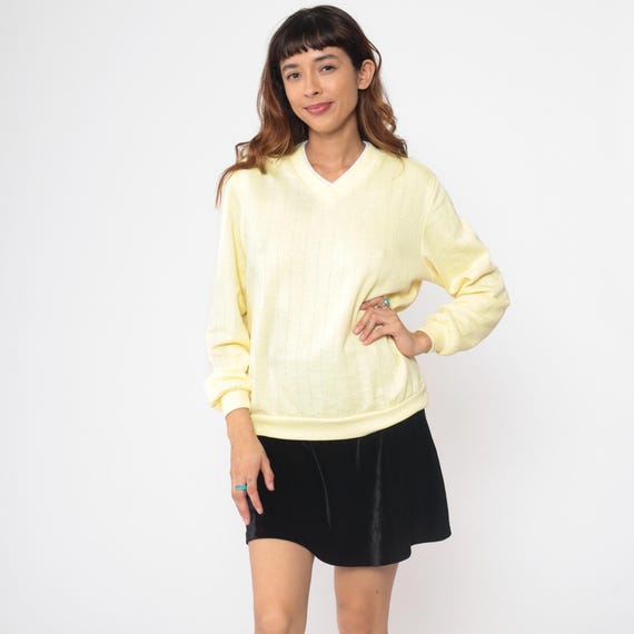 Yellow Sweatshirt 90s V Neck Pullover Vintage Long Sleeve Preppy Classic Casual Spring Pastel Tennis Golf Country Club Sweatshirt Large L