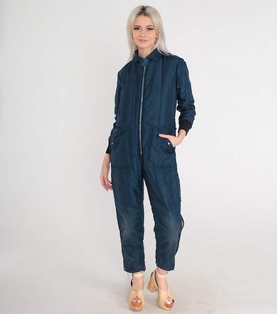70s Ski Suit Navy Blue Insulated Jumpsuit Retro Zip Up Snowsuit Coveralls Winter Skiwear One Piece Ankle Zip Snow Shield Vintage 1970s XS
