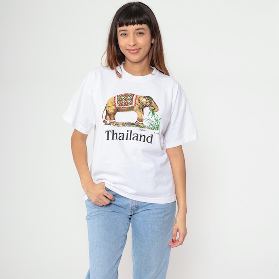 Thailand Elephant Shirt Y2k White Cotton Graphic Tee Travel Souvenir Tourist Vintage Crew Neck Asian Novelty Print Summer Casual Large L