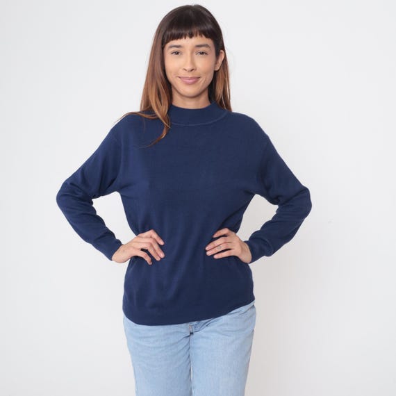 Blue Cashmere Sweater Vintage 90s Navy Minimalist Long Sleeve Pullover Classic Solid Knit Soft Lightweight Winter Fall Layer Preppy Medium M