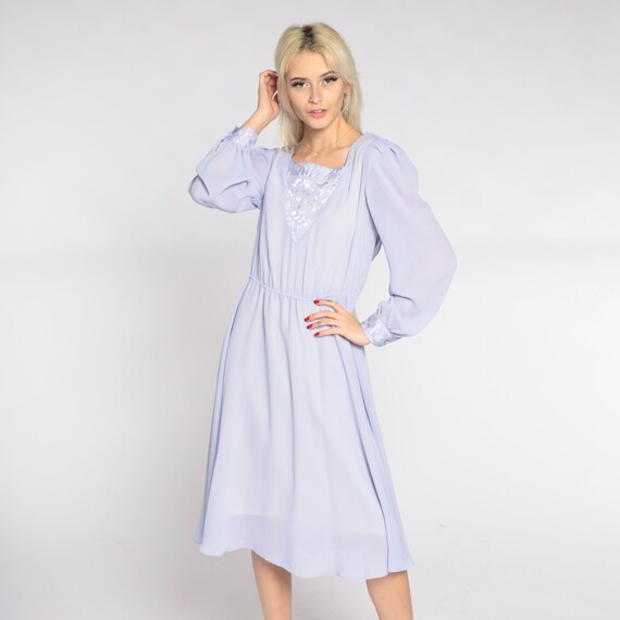 Lavender Midi Dress 80s Party Dress Draped Long Sleeve High Waisted Grecian Retro Simple Chic Formal Hal Ferman Vintage 1980s Small S