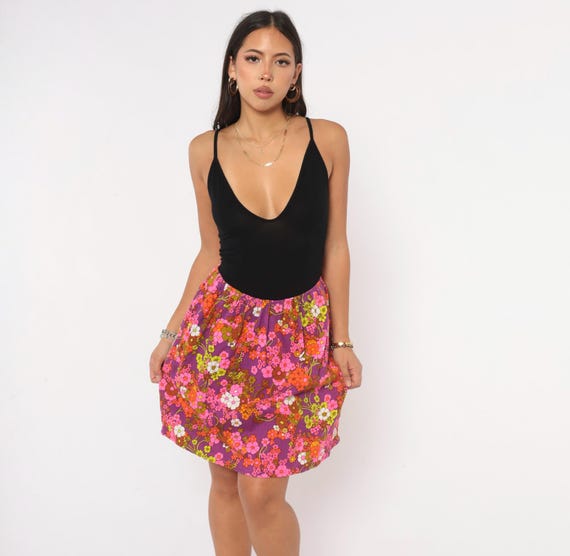 70s Flower Power Mini Skirt Purple Pink Floral Print Cotton A Line Mod Hippie Bohemian Orange Olive Green Daisy Summer Vintage Small S