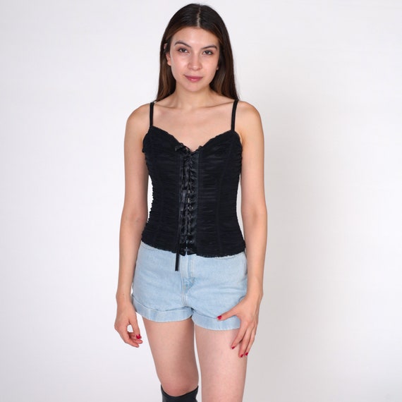 Black Bustier Corset Ruched Tank Top Y2K Going Out Shirt Lace up Ribbon  Gothic Top Party Goth Cosplay Vintage 00s Small Medium 