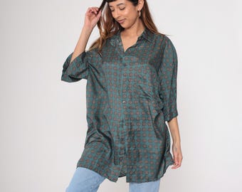 90s Geometric Silk Shirt Vintage Green Button Up Retro Coin Print Short Sleeve Collared Streetwear 1990s Chest Pocket Men's Extra Large xl