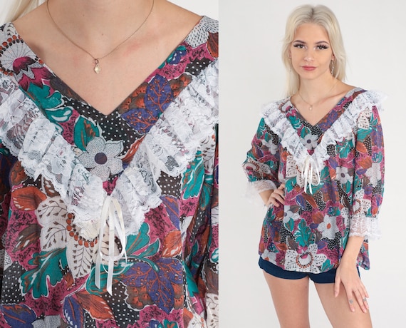 Lace Floral Blouse 80s Ruffle Shirt Boho Top Trop… - image 1