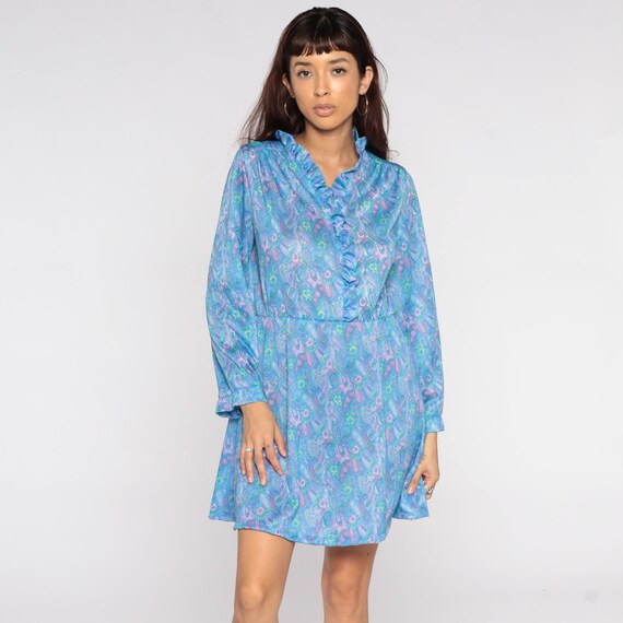 80s Paisley Dress Blue Psychedelic Print Ruffle M… - image 3