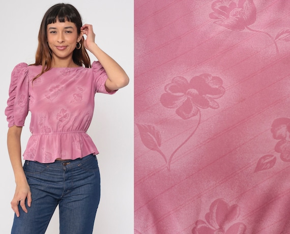 80s Floral Blouse Peplum Shirt Pink Puff Sleeve Top Boho Crop Top 1980s Vintage Bohemian Elastic Waist Ruched Semi-Sheer Small