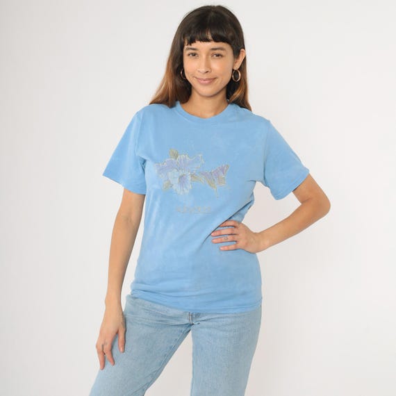 90s Hawaii T-shirt Light Blue Butterfly Shirt Gold Glitter Hawaiian Flower Shirt Graphic Tee Retro T Shirt Small S
