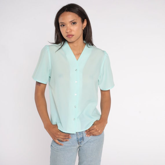 Puff Sleeve Blouse 70s 80s Seafoam Blue Shirt Plain Top Button Up Shirt Secretary V Neck Top Vintage 1980s Short Sleeve Small S