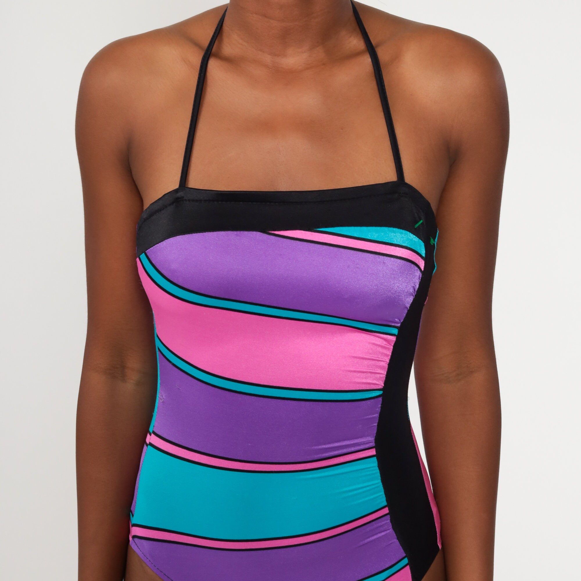 70s One Piece Swimsuit Neon Striped Halter Neck Bathing Etsy
