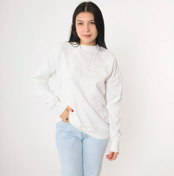 Vintage White Sweatshirt M 80s 90s Plain Crewneck Pullover Sweatshirt Raglan Sleeve Sweater Normcore Solid Slouchy Basic 1980s Size Medium