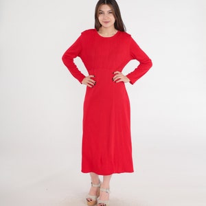 Plain Red Dress 80s Midi Bright Day Dress Pleated High Waisted Secretary 1980s Vintage Long Sleeve Plain Basic Casual Medium image 3