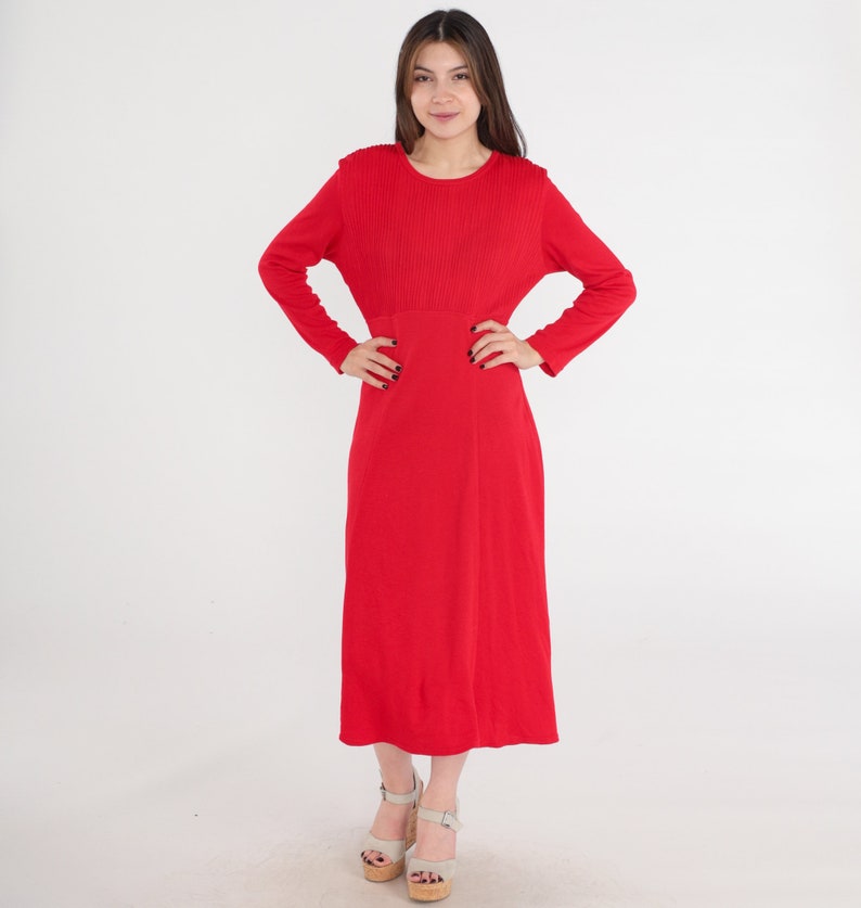 Plain Red Dress 80s Midi Bright Day Dress Pleated High Waisted Secretary 1980s Vintage Long Sleeve Plain Basic Casual Medium image 3