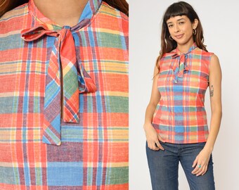 70s Checkered Tank Top Ascot Necktie Shirt Sleeveless Blouse Retro