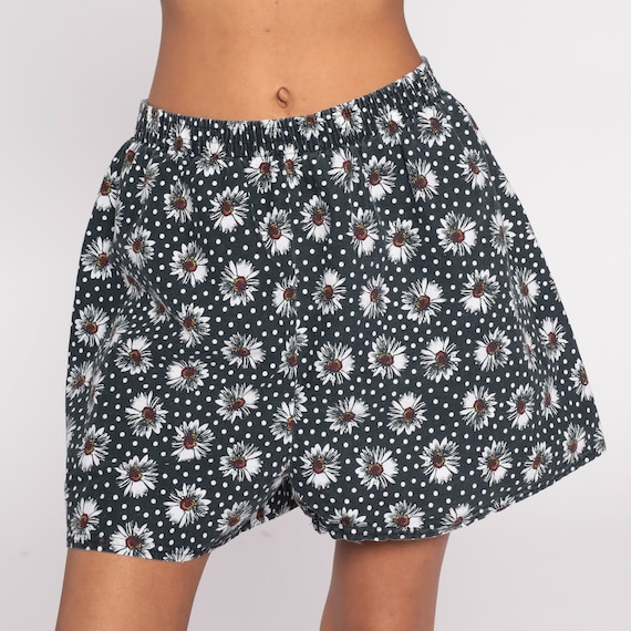 90s Floral Shorts Black White Daisy Polka Dot Shorts Summer Baggy Shorts High Waisted Casual Cotton Shorts Flower Vintage 1990s Large L