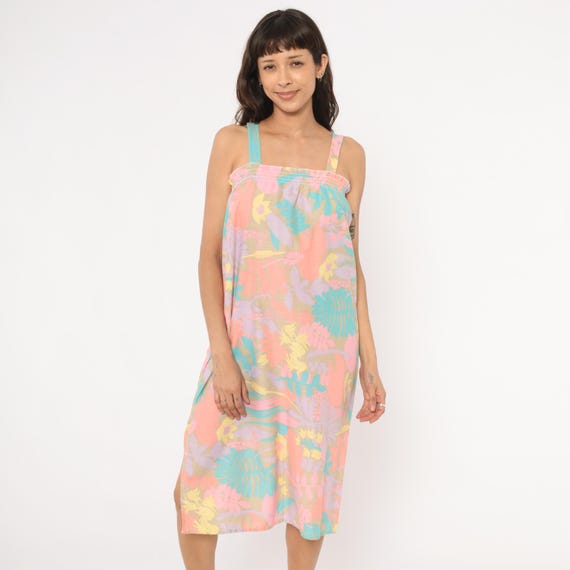 Pastel Tropical Sundress 80s Floral Giraffe Print Cotton Summer Pink Coral Lavender Yellow Beach Vacation Hawaiian Sleeveless Shift Medium M