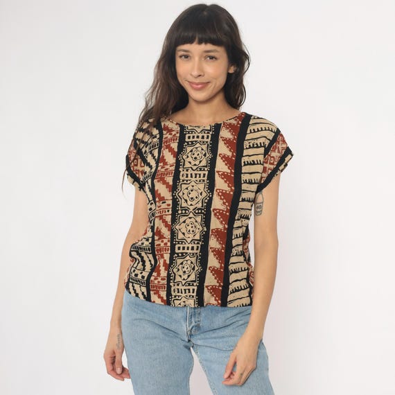 90s Tribal Blouse Geometric Stripe Top Black Cream Brown Rust Ethnic Pattern Southwestern Petite Vintage Casual Bohemian Shirt Medium M