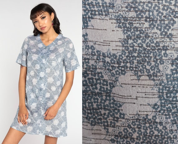 Mod Mini Dress 70s Shift Cloud Print BUTTON Up Grey 60s Space Age Short Sleeve Vintage Twiggy Gogo Retro Dress Minidress Medium