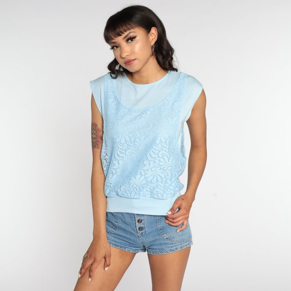 Baby Blue Lace Top Slouchy Shirt 80s Cap Sleeve Blouse Pastel Shirt Attached Tank Top 1980s Retro Tee Vintage Small