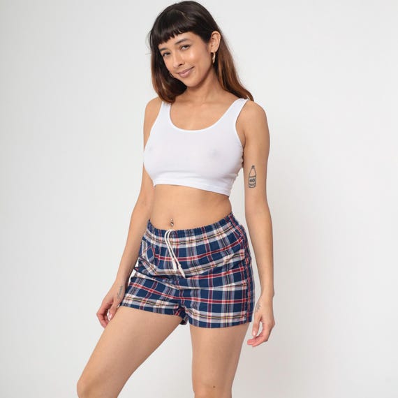 70s Plaid Swim Trunks Vintage Bathing Suit Dark Blue White Red Shorts Checkered Print High Waisted Shorts 1970s Preppy Towncraft Small S