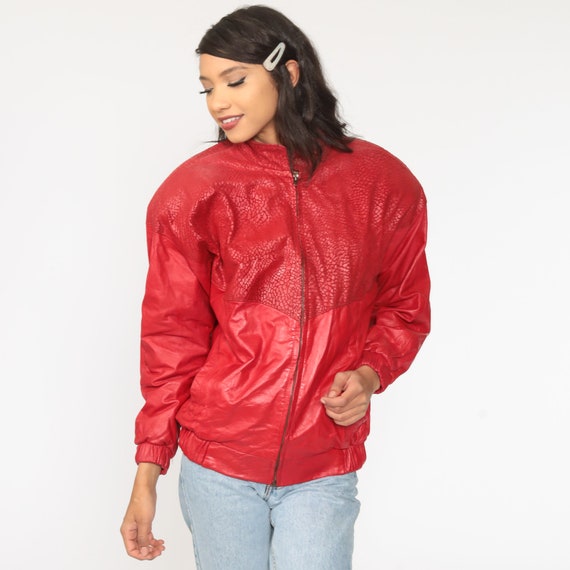 Red Leather Jacket Motorcycle Leather Jacket Biker Racing Jacket Moto Coat Bomber 1980s Vintage Retro Women's Medium