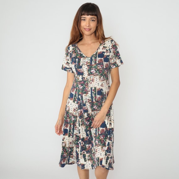 90s Patchwork Dress Mixed Floral Print Midi Cotton V Neck Short Sleeve Cream Navy Cottagecore Prairie Style Romanti Vintage Medium M
