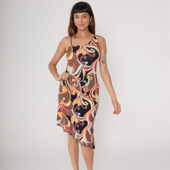 Y2K Asymmetrical Dress California Grown Brown Red Orange Swirl Print Spaghetti Strap Sleeveless Stretchy 2000s Bodycon Cocktail Small S
