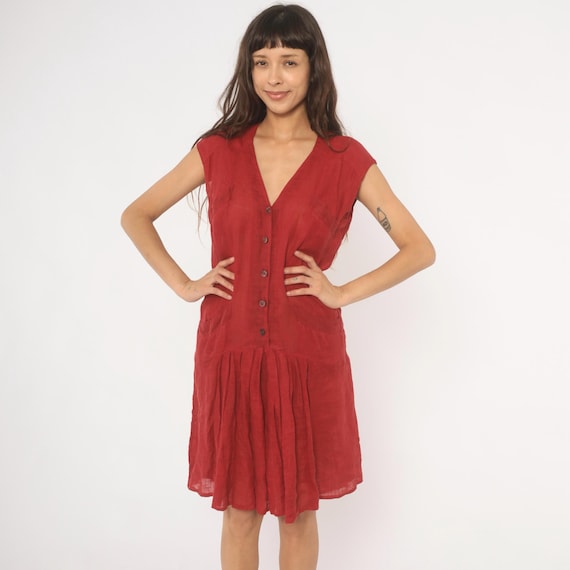 Red Linen Dress 90s V Neck Cap Sleeve Drop Waist Pleated Skirt Wine Burgundy Italian Designer Vintage Shirt Frock Summer Sundress Medium M