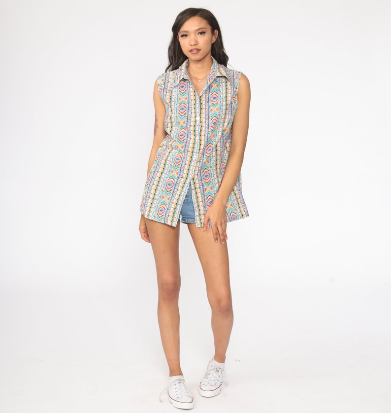 Tribal Top Aztec Shirt Geometric Blouse 70s Top Bohemian Shirt 1970s Hippie Sleeveless Button Up Boho Tank Top Retro Stripe large