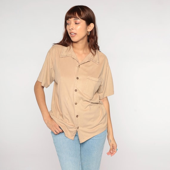 Faux Suede Top Y2K Beige Shirt Camp Collar Tan Sand Blouse Neutral Stitch Detail Pocket Front Vintage Minimalist Western Summer Small S
